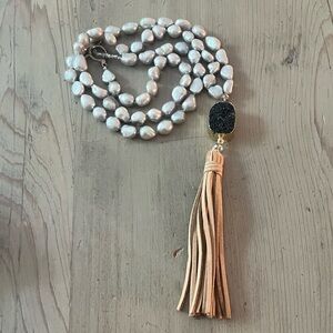 Elegant Freshwater Pearl and Leather Tassel Necklace w/ Charcoal Quartz Pendant
